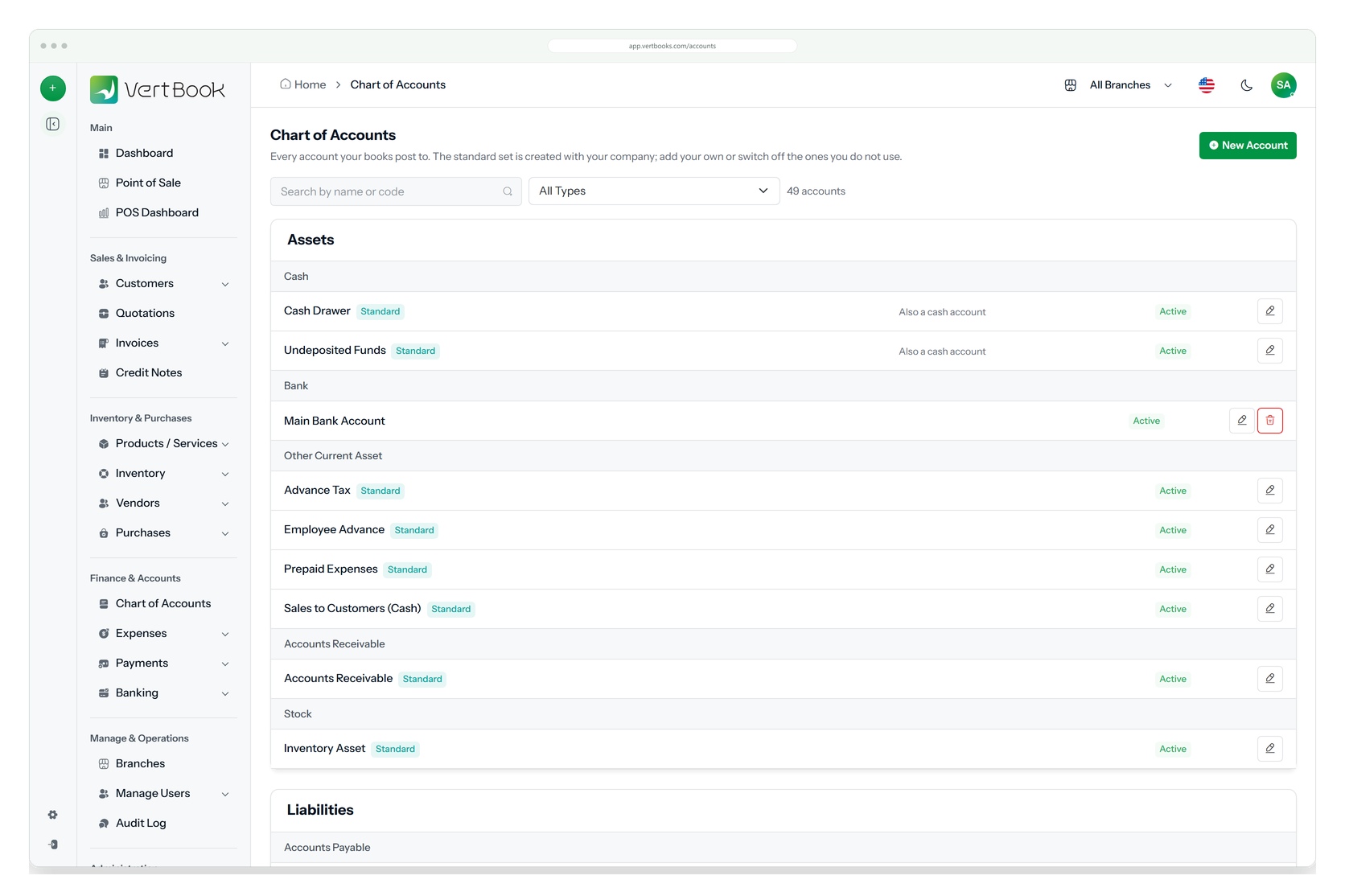 The chart of accounts, grouped into assets and liabilities: cash drawer, undeposited funds, the bank account, receivables, inventory and payables, each marked standard or active.
