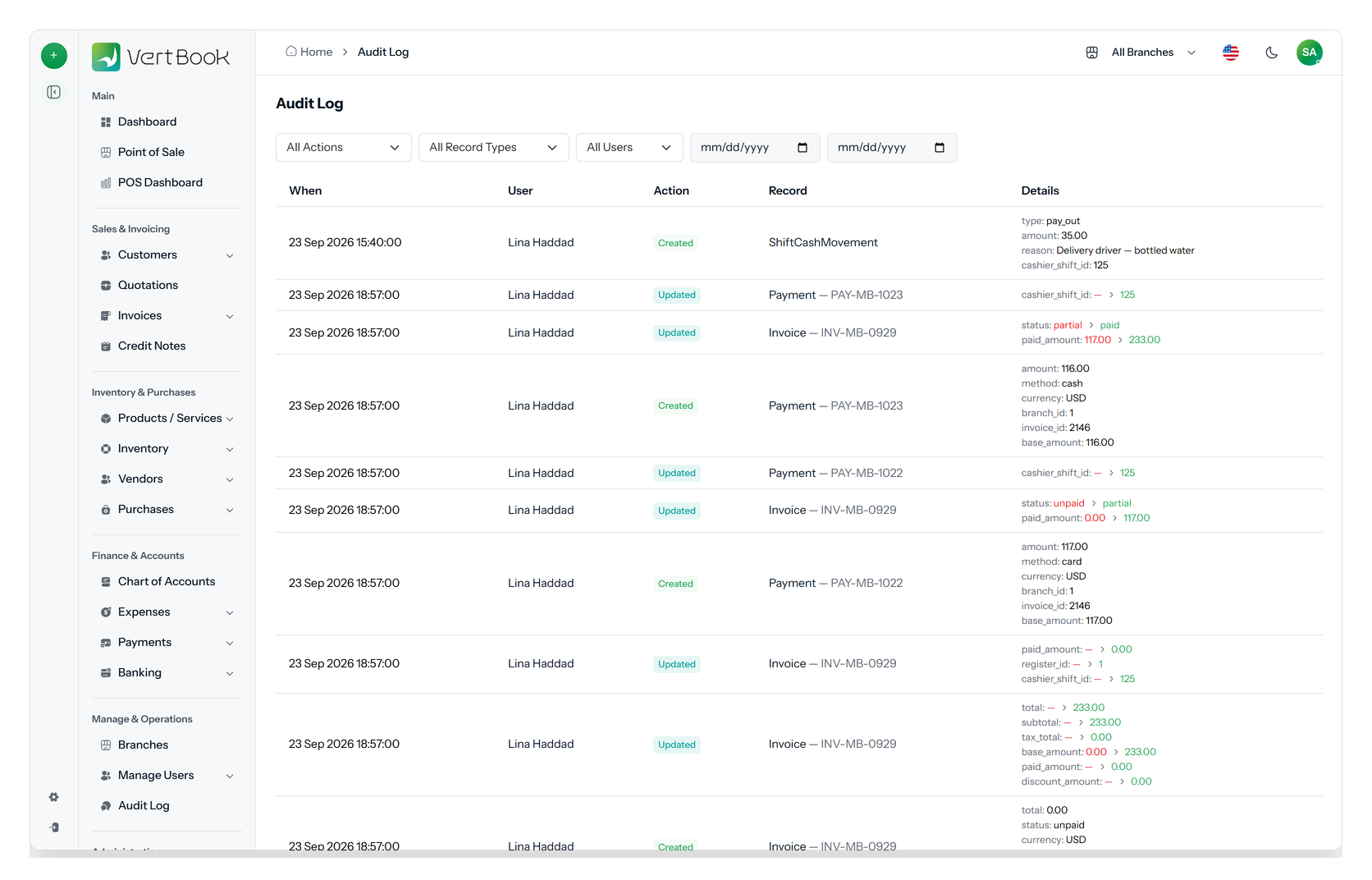 The audit log listing changes made across the system with the user, the record affected, what changed and when.