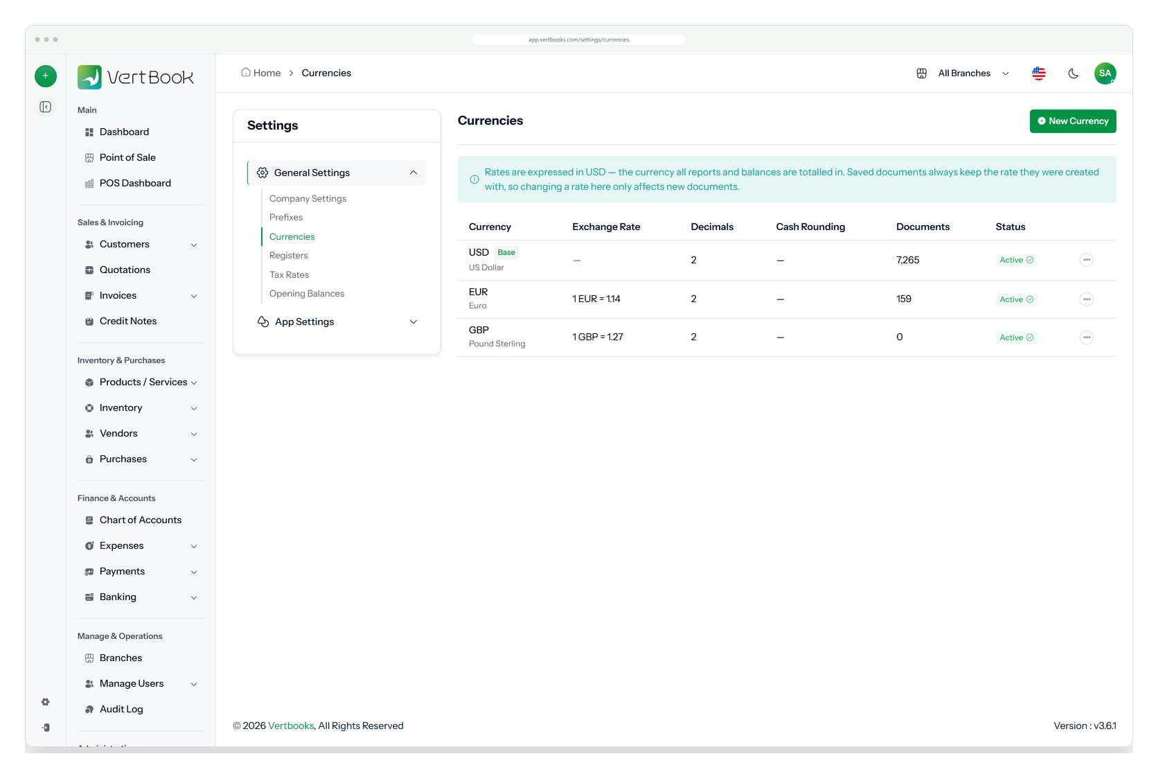 The currency settings screen listing the base currency alongside two others, with their rates and how many documents use each.