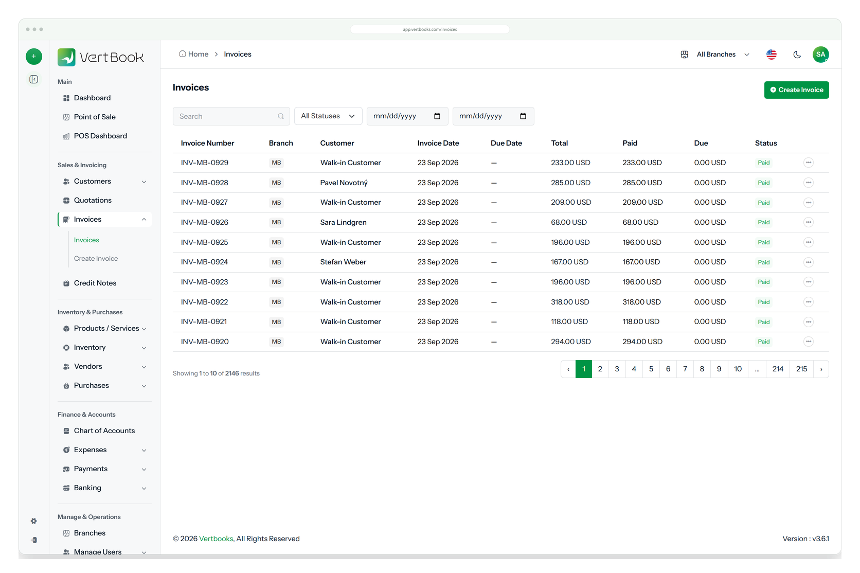 The invoice list showing invoice number, customer, date, total and a status of paid, partial or overdue on each row.