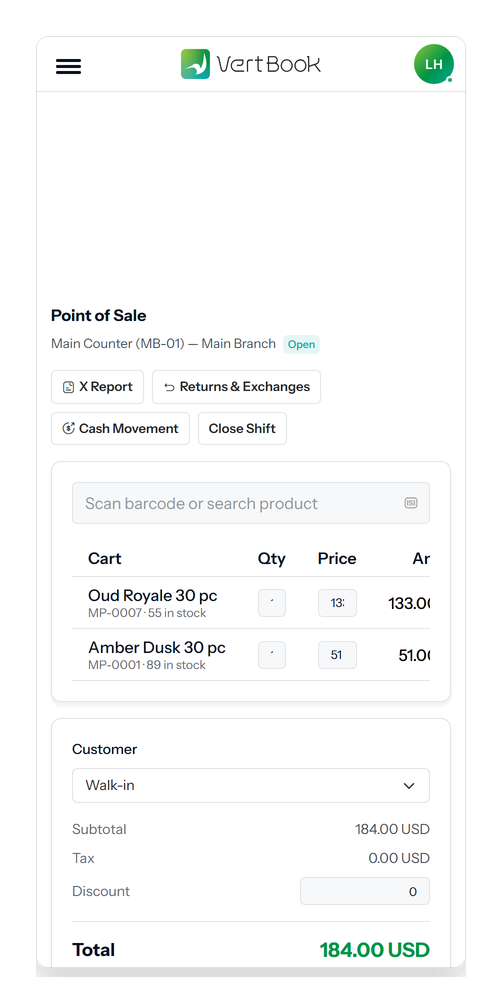 The point-of-sale screen on a phone-sized display, with the cart and totals stacked into a single column.