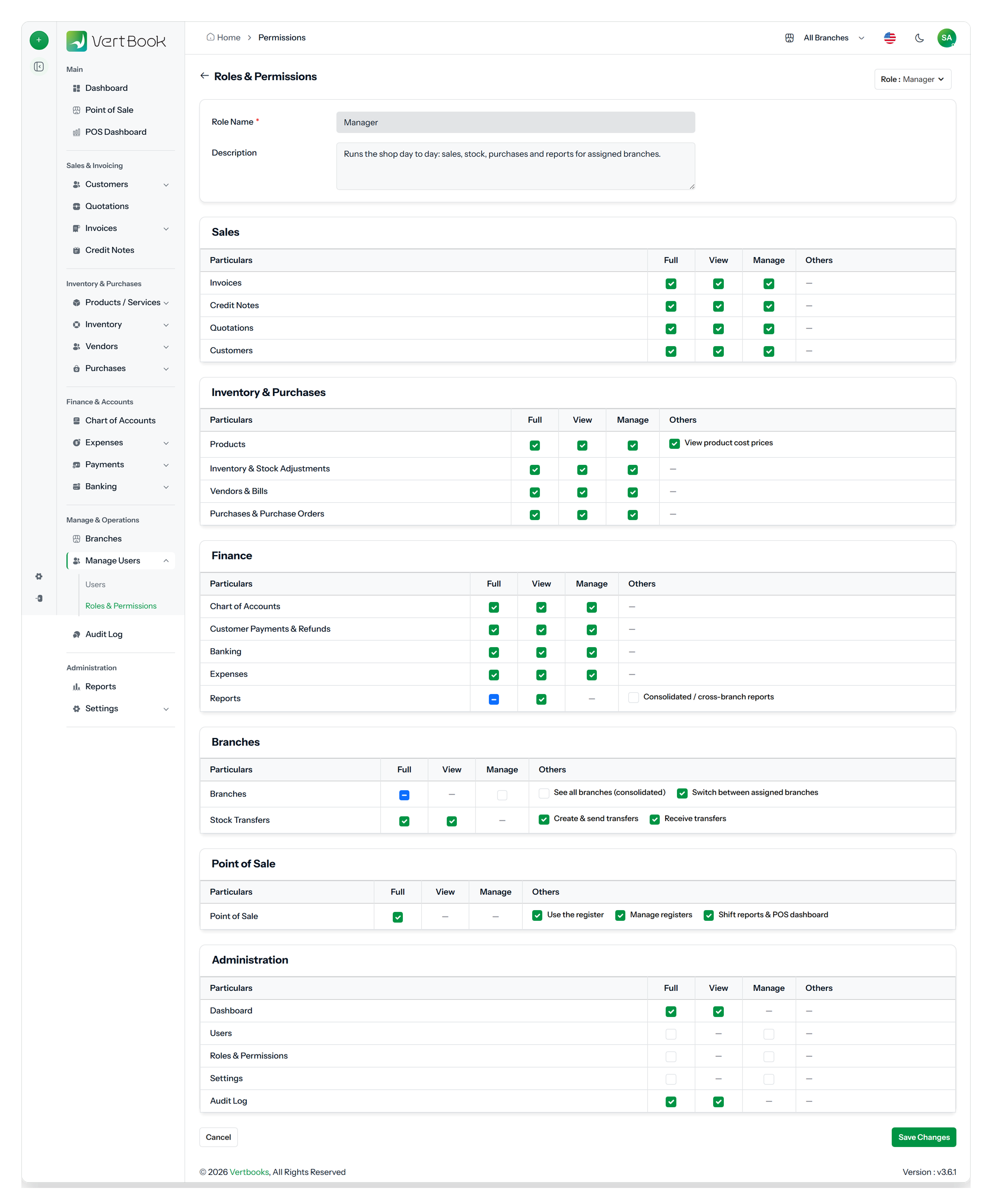 The role permissions matrix, with a branches group containing permissions for managing branches, viewing all of them, switching between them and consolidated reporting.