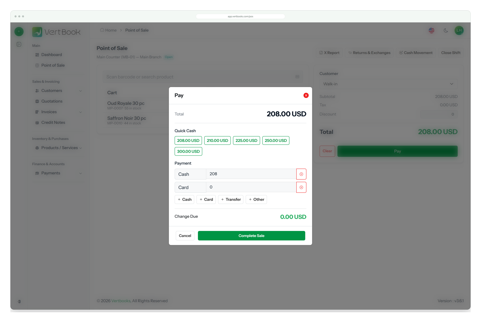 The payment dialog splitting a sale between a card payment and cash, with the remaining balance shown as the tender lines are added.