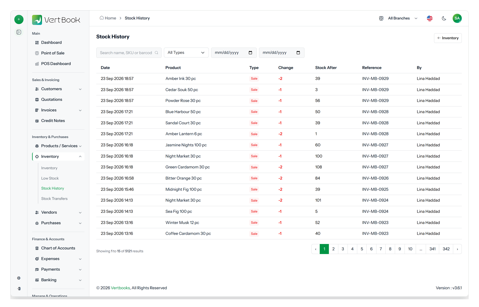 The stock movement ledger listing date, product, movement type, quantity change, resulting stock, the document responsible and the user.